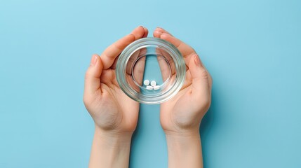 Two hands holding a glass jar with a few pills on a blue background.