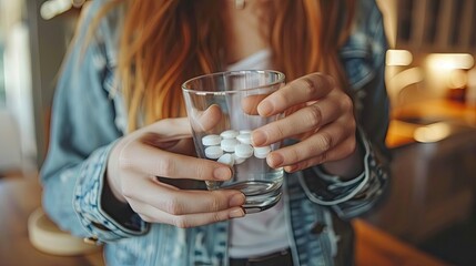 Person holding a glass of water with white tablets.