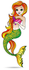 Illustrations in stained glass style with mermaid girl, isolated on a white background