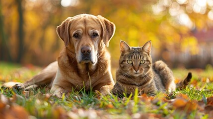 Labrador dog and tabby cat lying together in autumn leaves.