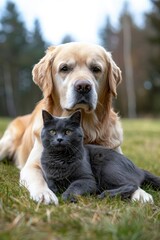 Golden retriever sitting with a black cat in the grass.
