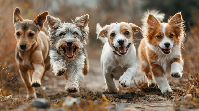 Four diverse dogs joyously run through an autumn field.