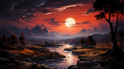 A radiant crimson sunset over a serene landscape