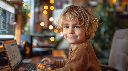 Fototapeta premium Young coder with a laptop In the workplace, write code. Enjoy yourself.