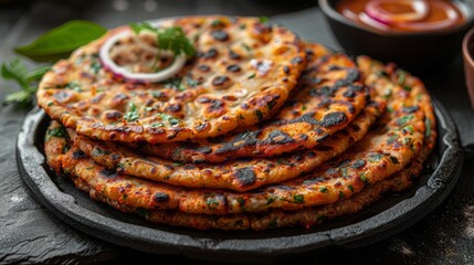 Homemade kerala Porotta or paratha,layered flat bread made using maida or all purpose wheat flour arranged in a black ceramic plate on fresh green banana leafand garnished with onion rings. 