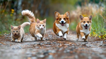 Naklejka na ściany i meble Two kittens and two Corgi puppies running on a forest path.