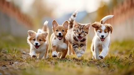 Corgi puppies and kittens joyfully running together. - obrazy, fototapety, plakaty
