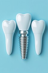 Dental implant flanked by two teeth models on blue.