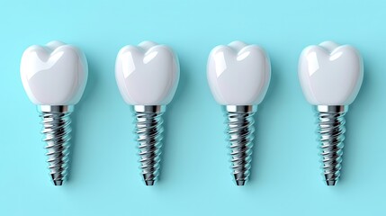 Four heart-shaped dental implants on a light blue surface.