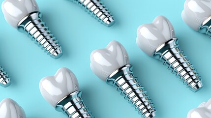 Scattered dental implants on a turquoise background.