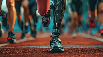 Close-up of a prosthetic leg amidst runners on a track.