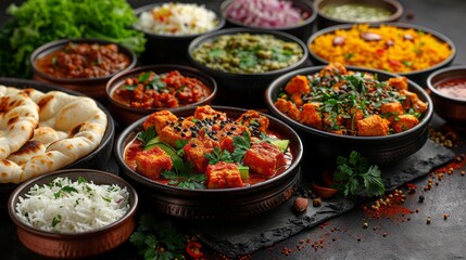 Delicious Chicken Tikka Masala, Vegetable Pulao, Paneer tikka masala, Butter Lachha paratha or naan, the group or set of Indian dishes.