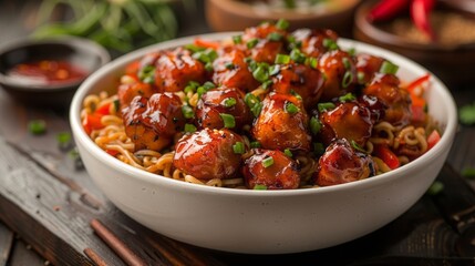 combo of veg noodles or chow mien or chowmein and chicken manchurian served in white bowl on wooden background 