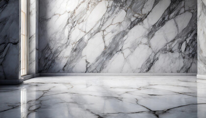 Clean, elegant studio background with pure White marble flooring and empty wall, perfect for advertising shoots