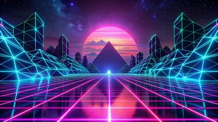 Zelfklevend Fotobehang futuristic neon futuristic city background with neon lines and neon lights. neon retro retro style. abstract background, digital technology, science and future concept, © night