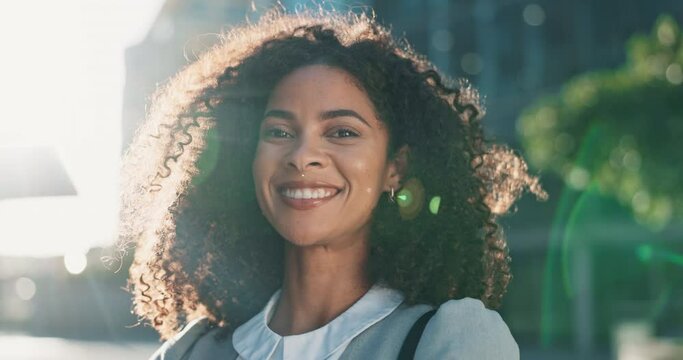 Business woman, face and smile in city with travel, sunshine and commute to work at architecture company. Happy outdoor, portrait and lens flare, architect in urban street with pride in career