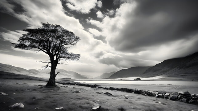 Timeless Serenity: A Lone Tree in a Boundless Countryside Under a Cloudy Sky in Black and White