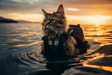 Felidae wearing a life jacket is swimming in liquid