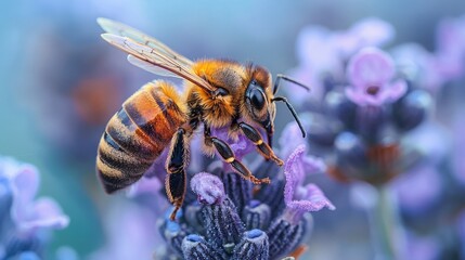 detail of honeybee in Latin Apis Mellifera, european or western honey bee sitting on the violet or blue flower 