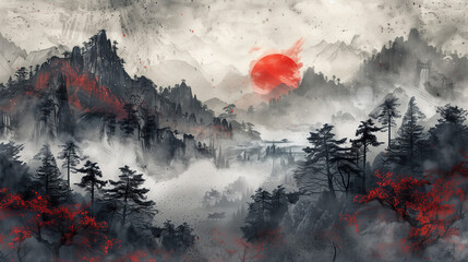 Red moon rising over the mountains vintage style