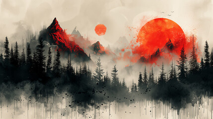 Red moon rising over the mountains vintage style