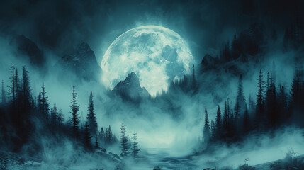  Moon rising over the mountains  vintage style
