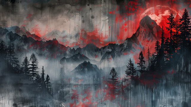 Red moon rising over the mountains vintage style