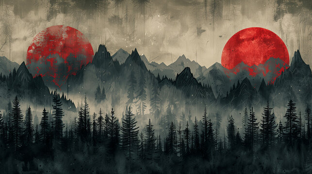 Two red moon rising over the mountains vintage style