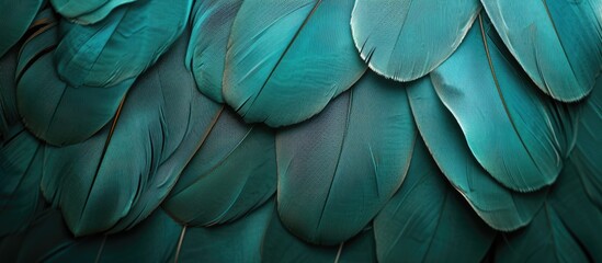 Detailed close-up shot of vibrant green bird feathers, showcasing the intricate texture and trendy vintage turquoise color. The feathers are prominently displayed in the frame, highlighting the unique - obrazy, fototapety, plakaty