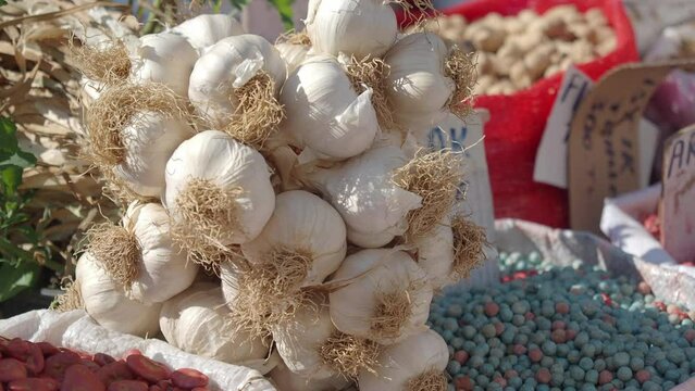 close up pf garlic selling at local market 
