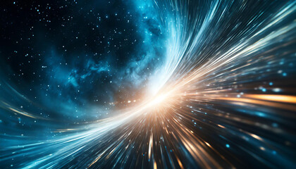 Time travel lights streak through space and galaxy, depicting the concept of light-speed travel and cosmic exploration