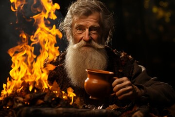 A man with facial hair is holding a pot near a fire