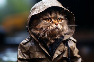 a cat is wearing a trench coat with a hood