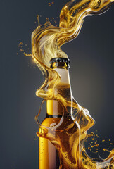 A bottle of beer with amber liquid splashing out of it, creating a dynamic and energetic visual.