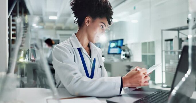 African woman, scientist and tablet in laboratory with data analysis, app and notes for pharma research. Person, lab and digital touchscreen with click, ideas and checklist for inspection for science