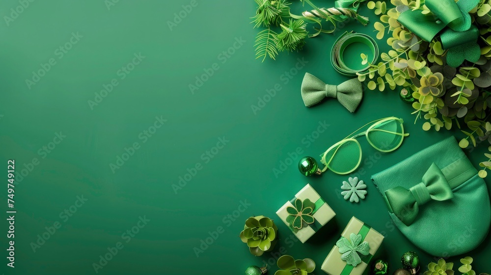 Wall mural st. patrick's day decorations with top view of green party glasses, bow-tie, shamrocks cap, and gift box green background copy space - Wall murals