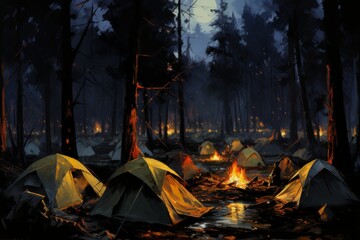 Tents gathered around campfire in dark forest at night, natural landscape