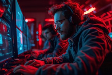  a cybersecurity team in action focusing on the intensity and concentration as they defend against a cyber attack highlight the modern digital battleground - obrazy, fototapety, plakaty