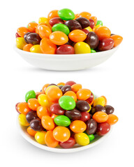 Two bowls of colorful candies isolated on white background