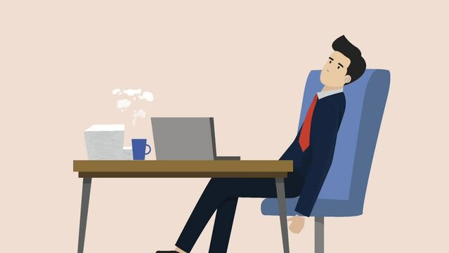 Exhausted and fatigue from hard work, stressed or anxiety from unhealthy work or depression and burnout, animated footage of businessman exhausted due to work and low battery symbol.