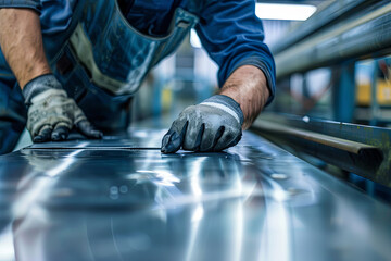 Manual laborers, males, fabricating sheet metal in an industry - obrazy, fototapety, plakaty