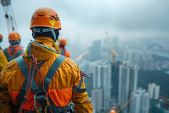 a safety training session for construction workers at a skyscraper site, highlighting the use of safety harnesses and helmets, focus on the prevention of accidents