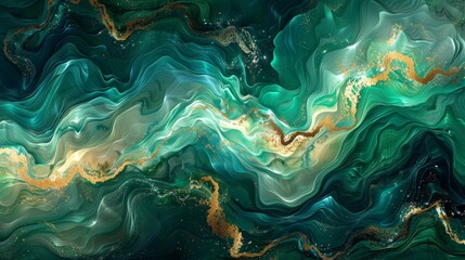 Luxurious waves of emerald green and gold interlace in a stunning display of fluid art, creating an abstract design that exudes opulence and movement.