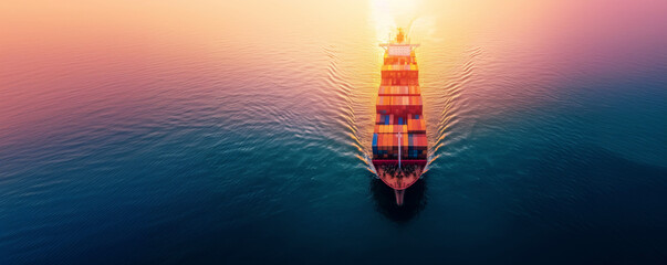 Large cargo ship sailing through calm ocean waters. The scene is illuminated by the bright sunlight.