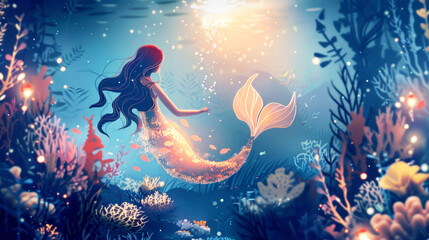 Illustration of  mermaid in the underwater magical shining world. Fairy tale concept.