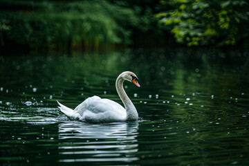 A serene swan swimming in a lake