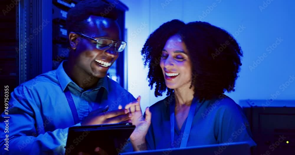 Poster People, technology or coding in server room with high five or success as computer engineer team in data center. Developer, tablet or collaboration on laptop, neon or it infrastructure for programming