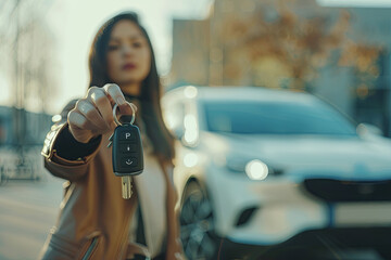Unidentifiable woman displaying ignition key in hand near her new car