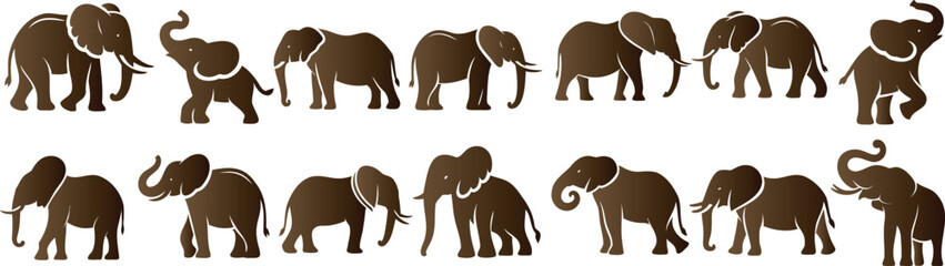 Elephant vector illustration, diverse Elephant poses isolated white background, Elephants vector illustration. Showcasing movement, positions, wildlife, nature, art, design