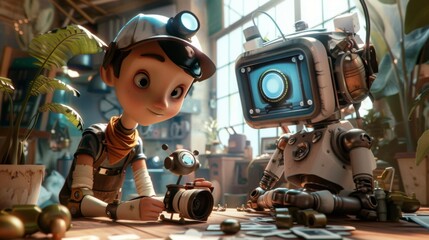 A whimsical 3D caricature of a photographer working alongside an AI robot assistant framed in a cinematic storybook setting